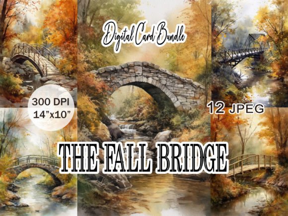 Fall Bridge Watercolor Clipart for Seasonal Branding & Packaging