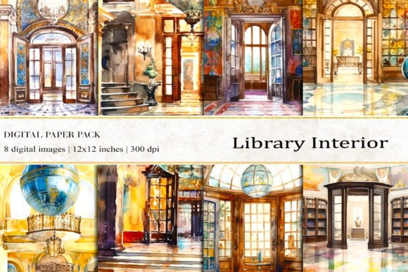 Library Interior Digital Papers for Crafters & Handmade Sellers