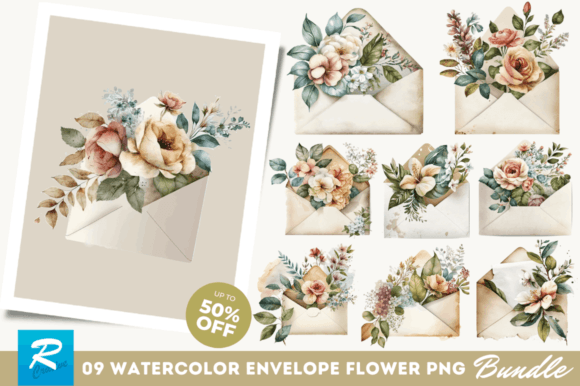 Watercolor Envelope Flower Clipart for Crafts & Digital Selling
