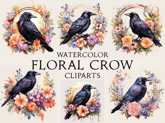 Watercolor Floral Crow Cliparts for Crafty Content Creators