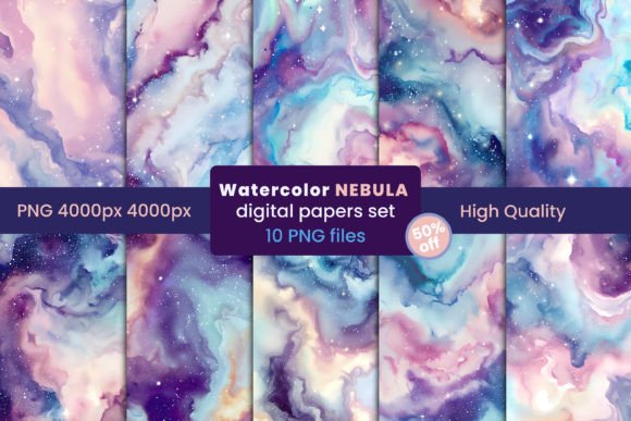 Watercolor Nebula Digital Papers Set PNG: A Cosmic Touch for Local Branding & Packaging