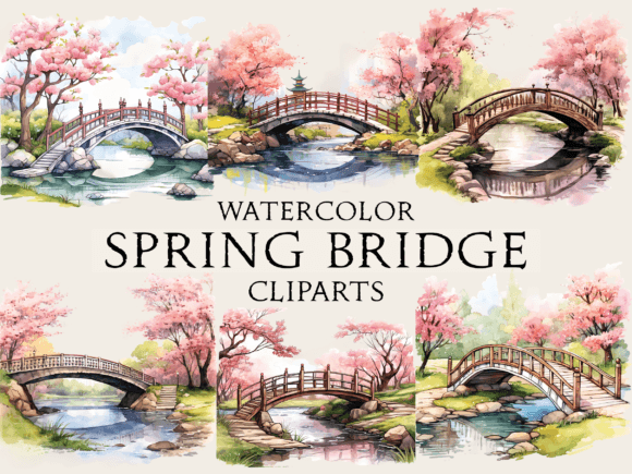 Watercolor Spring Bridge Cliparts for Crafts & Digital Product Sellers
