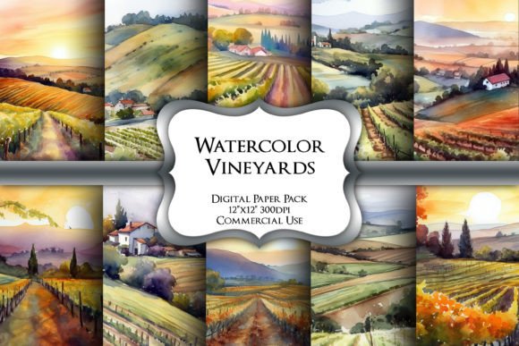 Watercolor Vineyards Digital Paper Pack for Backgrounds