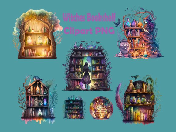 Watercolour Witches BookShelf Clipart: A Crafts-Inspired Design Asset for Modern Branding